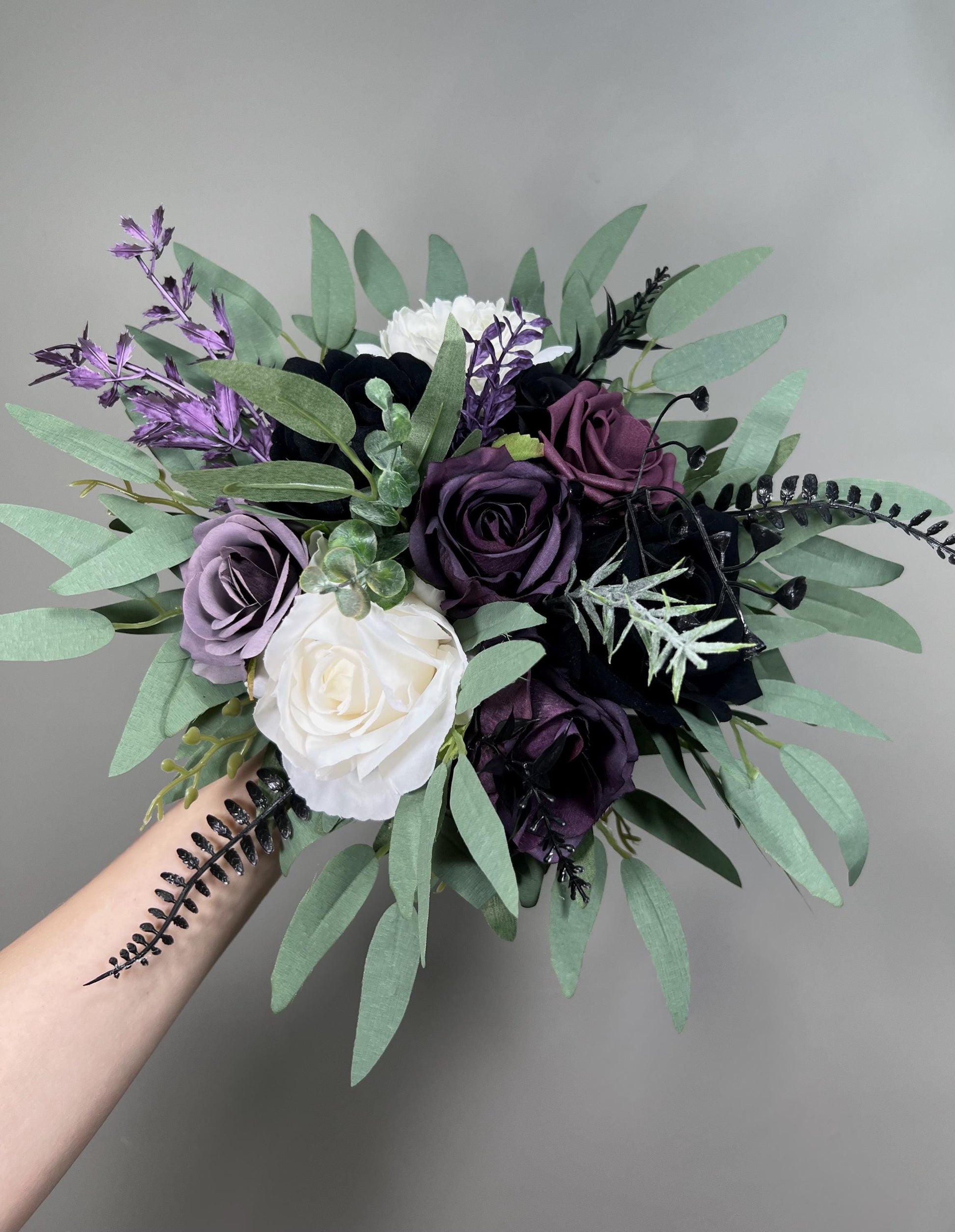 Black Plum White Bouquet Wedding Bridal Gothic Bouquet Dark Purple Black Ivory Dusty Sage Green Bridesmaids Bouquet Artiticial Flowers
