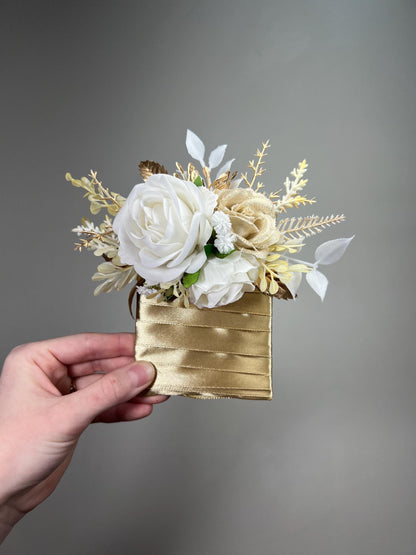White Gold Pocket Boutonniere Groom Wedding Beige Champagne Ivory Square Boutonnière Prom Groomsmen Cream Roses Artiticial Flower