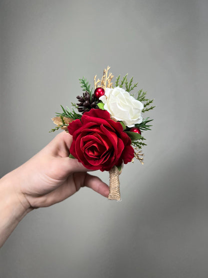 Christmas Boutonnière Wedding Red Rose White Rustic Groom Boutonniere Winter Groomsmen Gold Pine Cones Holiday Artificial Flowers Evergreen