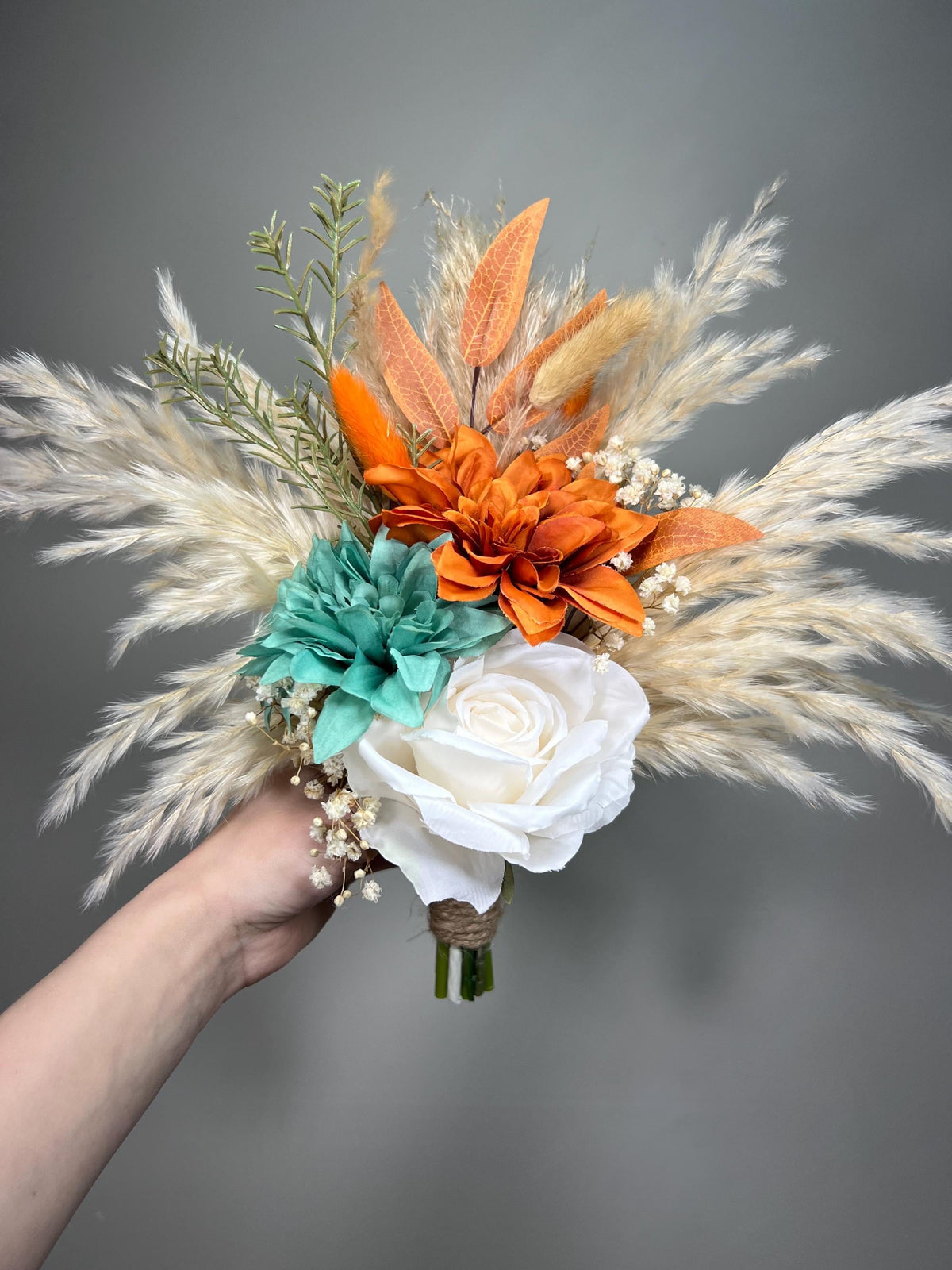 Bridesmaids Bouquet Teal Orange Wedding Boho Turquoise Terracotta Small Bouquet Petite Pampas Grass Rust Baby Breath White Ivory Teal Blue