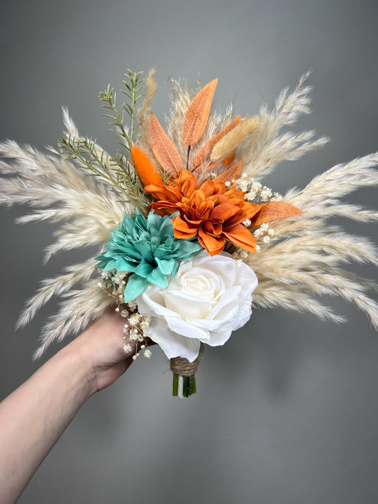 Bridesmaids Bouquet Teal Orange Wedding Boho Turquoise Terracotta Small Bouquet Petite Pampas Grass Rust Baby Breath White Ivory Teal Blue