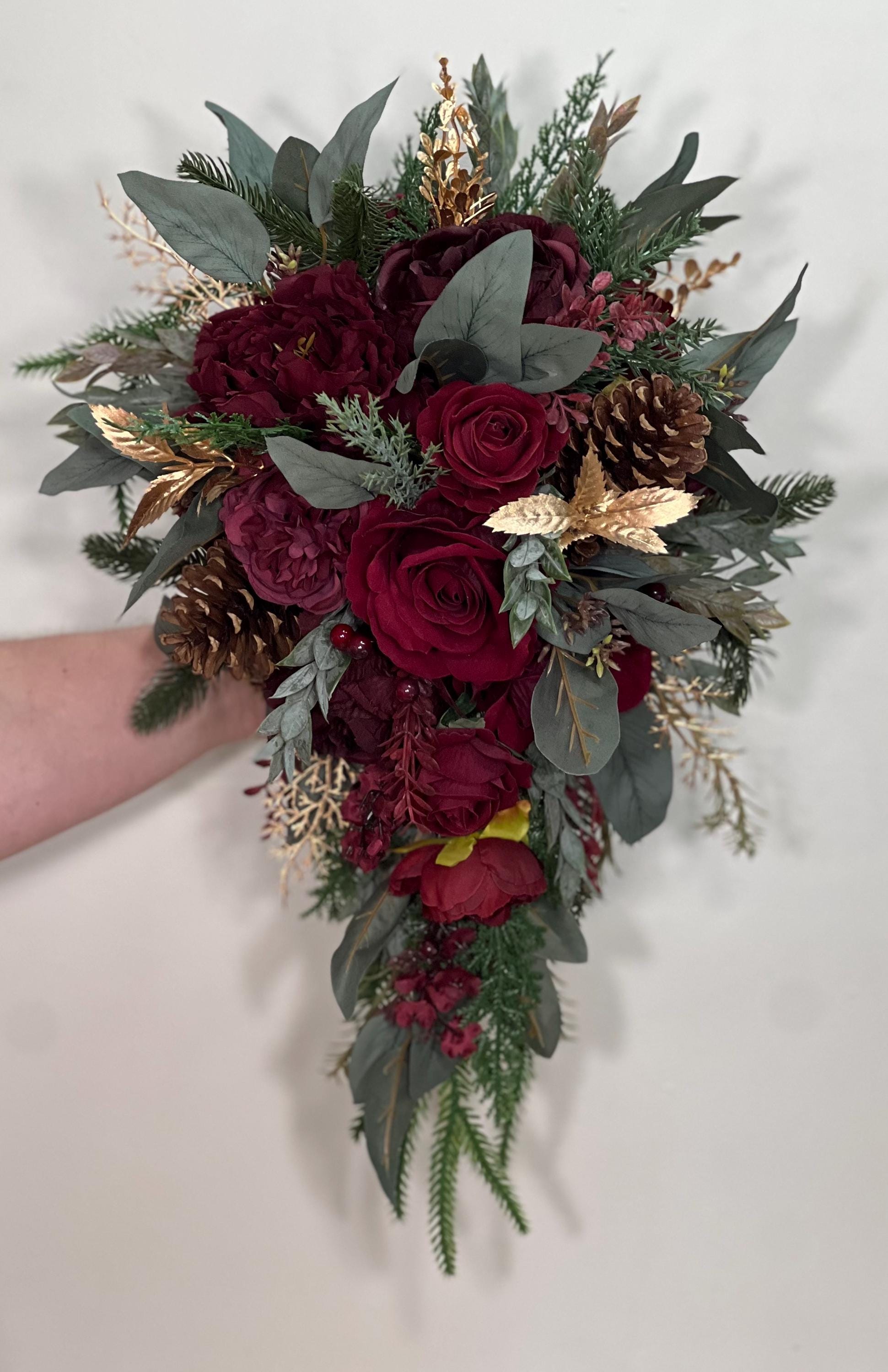 Burgundy Winter Bouquet Wedding Bridal Christmas Cascading Wine Red Rustic Cascade Bridesmaids Maroon Gold Pine Cones Evergreen