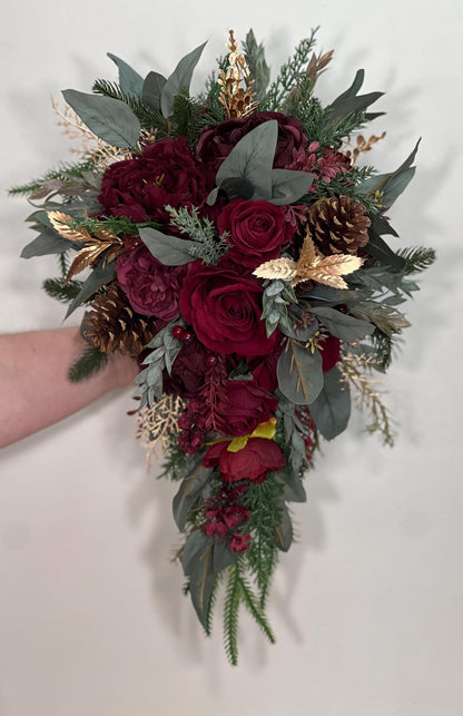 Burgundy Winter Bouquet Wedding Bridal Christmas Cascading Wine Red Rustic Bouquet Cascade Bridesmaids Maroon Gold Pine Cones Evergreen