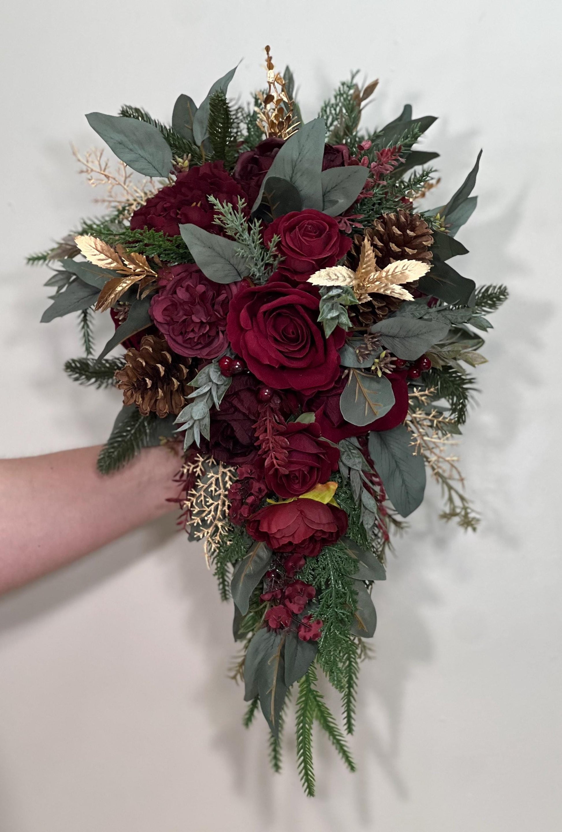 Burgundy Winter Bouquet Wedding Bridal Christmas Cascading Wine Red Rustic Cascade Bridesmaids Maroon Gold Pine Cones Evergreen