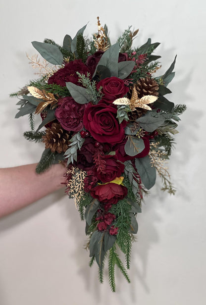 Burgundy Winter Bouquet Wedding Bridal Christmas Cascading Wine Red Rustic Bouquet Cascade Bridesmaids Maroon Gold Pine Cones Evergreen