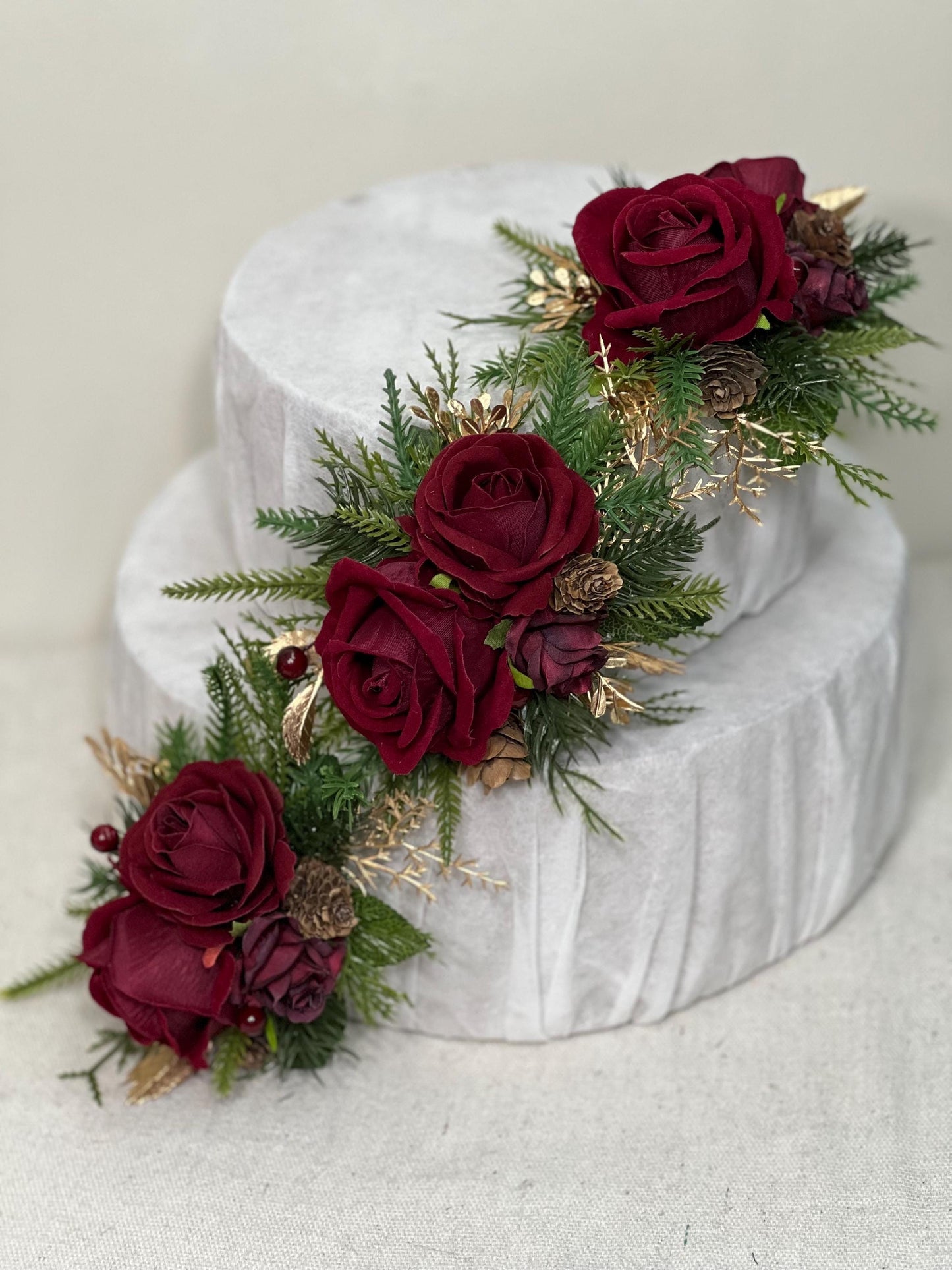 Christmas Cake Decoration Wedding Burgundy Cake Artificial Flowers Wine Red Gold Pine Cones Evergreen Cake Arrangement Decor Silk Flowers