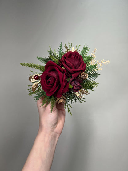 Christmas Cake Decoration Wedding Burgundy Cake Artificial Flowers Wine Red Gold Pine Cones Evergreen Cake Arrangement Decor Silk Flowers