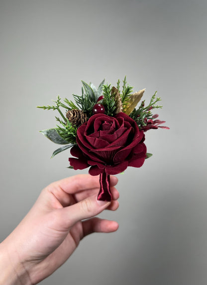 Burgundy Boutonnière Wedding Groom Christmas Winter Groomsmen Gold Pine Cones Maroon Rose Rustic Lapel Pin Men Evergreen Artificial Flower