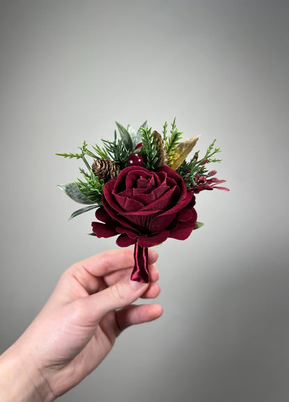 Burgundy Boutonnière Wedding Groom Christmas Winter Groomsmen Gold Pine Cones Maroon Rose Rustic Lapel Pin Men Evergreen Artificial Flower
