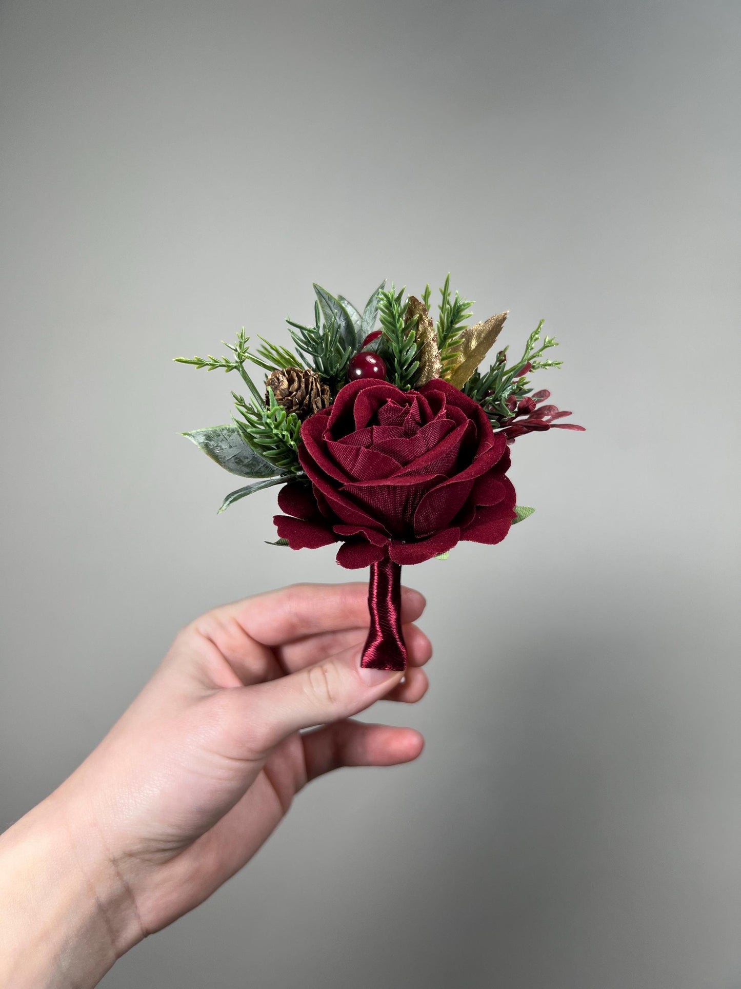 Burgundy Boutonnière Wedding Groom Christmas Winter Groomsmen Gold Pine Cones Maroon Rose Rustic Lapel Pin Men Evergreen Artificial Flower