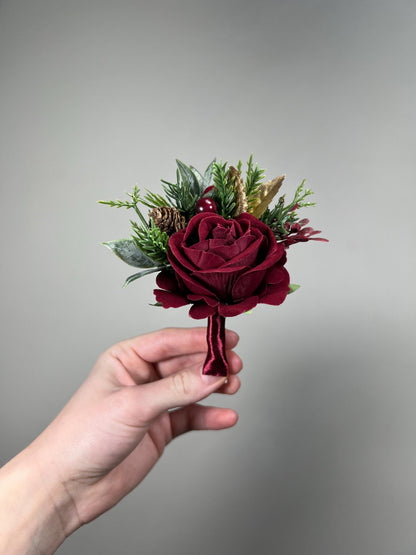 Burgundy Boutonnière Wedding Groom Christmas Winter Groomsmen Gold Pine Cones Maroon Rose Rustic Lapel Pin Men Evergreen Artificial Flower