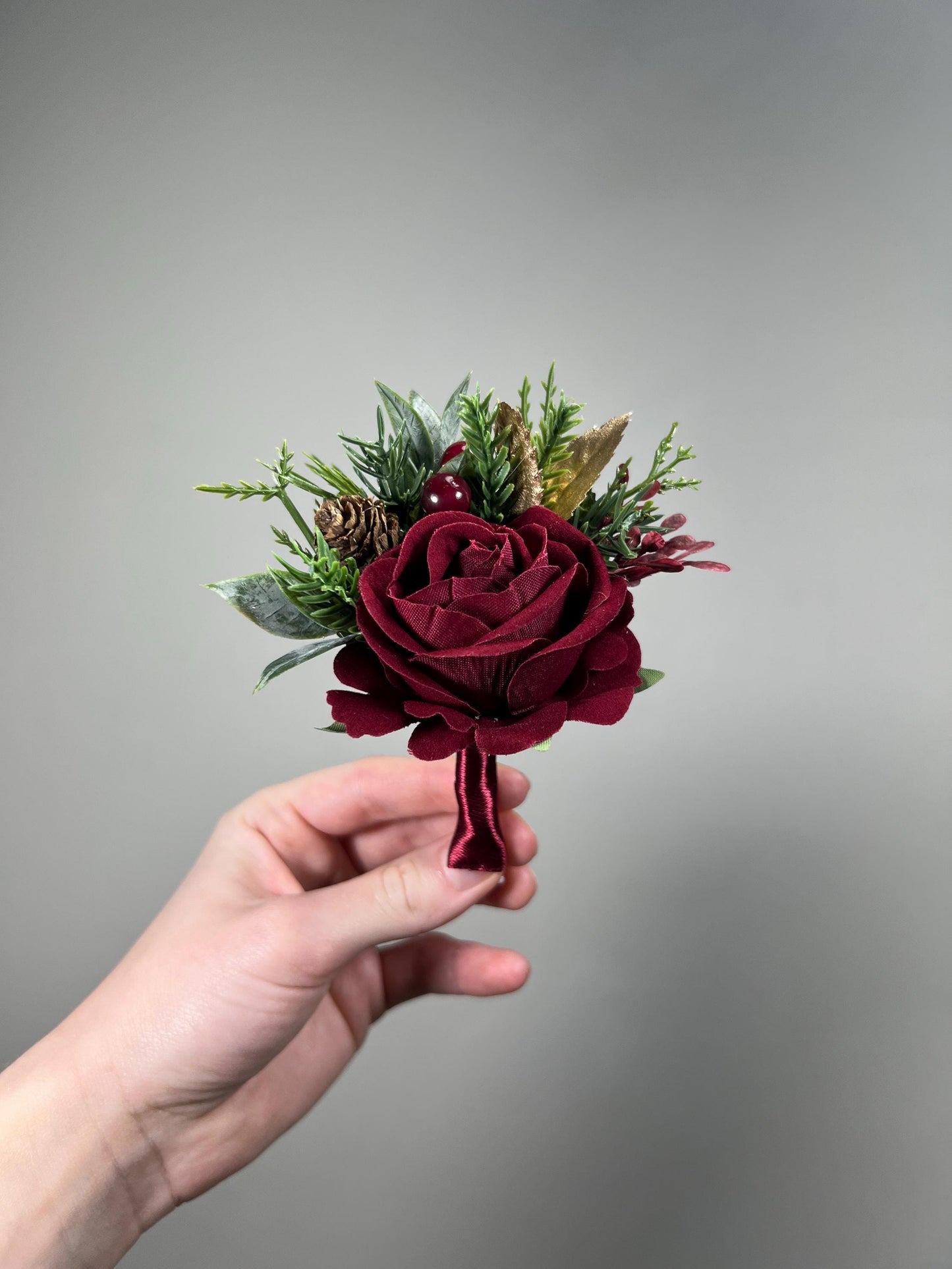 Burgundy Boutonnière Wedding Groom Christmas Winter Groomsmen Gold Pine Cones Maroon Rose Rustic Lapel Pin Men Evergreen Artificial Flower