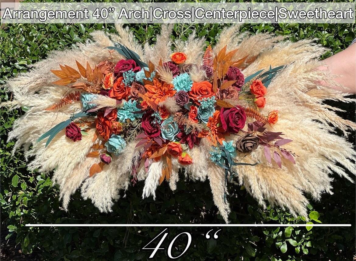 Turquoise Burgundy Arch Arrangement Wedding Boho Burnt Orange Terracotta Pampas Grass Arbor Arrangement Teal Blue Rust Swag Backdrop