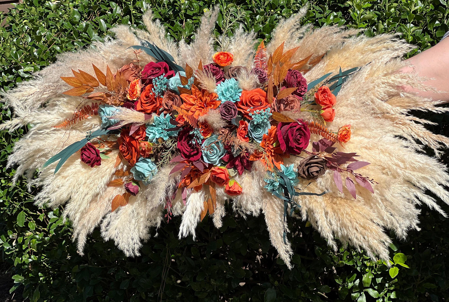 Turquoise Burgundy Arch Arrangement Wedding Boho Burnt Orange Terracotta Pampas Grass Arbor Arrangement Teal Blue Rust Swag Backdrop