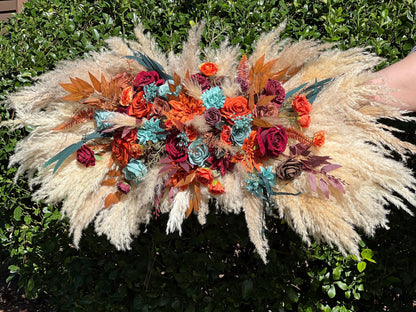 Turquoise Burgundy Arch Arrangement Wedding Boho Burnt Orange Terracotta Pampas Grass Arbor Arrangement Teal Blue Rust Swag Backdrop