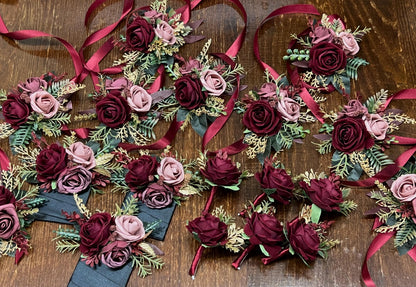 Burgundy Dusty Rose Corsage Wedding Mauve Rustic Wrist Corsage Bridesmaids Prom Gold Wine Red Maroon Wristlet Blush Artificial Flowers