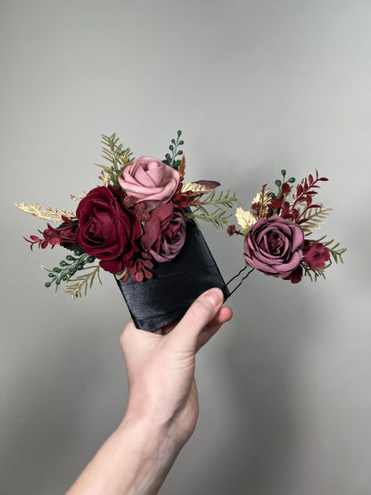 Burgundy Dusty Rose Corsage Wedding Mauve Rustic Wrist Corsage Bridesmaids Prom Gold Wine Red Maroon Wristlet Blush Artificial Flowers