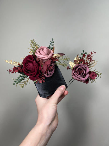 Burgundy Dusty Rose Pocket Boutonniere Wedding Blush Maroon Groom Square Boutonniere Gold Rustic Wine Red Artificial Flowers