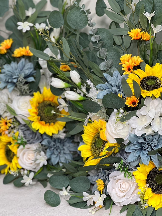 Set of 2 Sunflower Aisle Marker Wedding White Dusty Blue Ground Arch Floor Decor Rustic Ivory Yellow Sunflower Fall Barrel Whiskey Flower