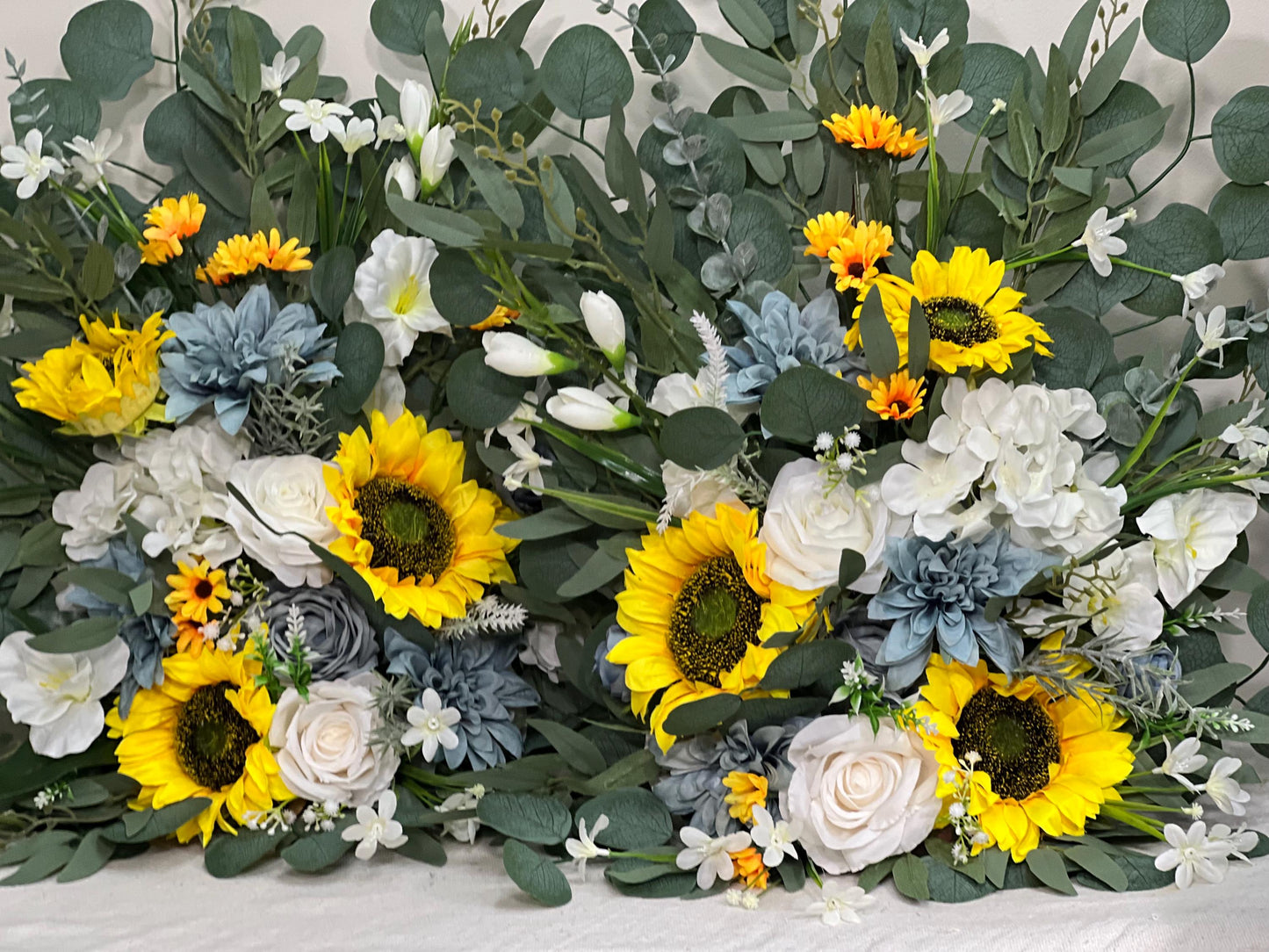 Sunflower Aisle Marker Wedding White Dusty Blue Ground Arch Floor Decor Rustic Ivory Yellow Sunflower Fall Eucalyptus Barrel Whiskey Flower