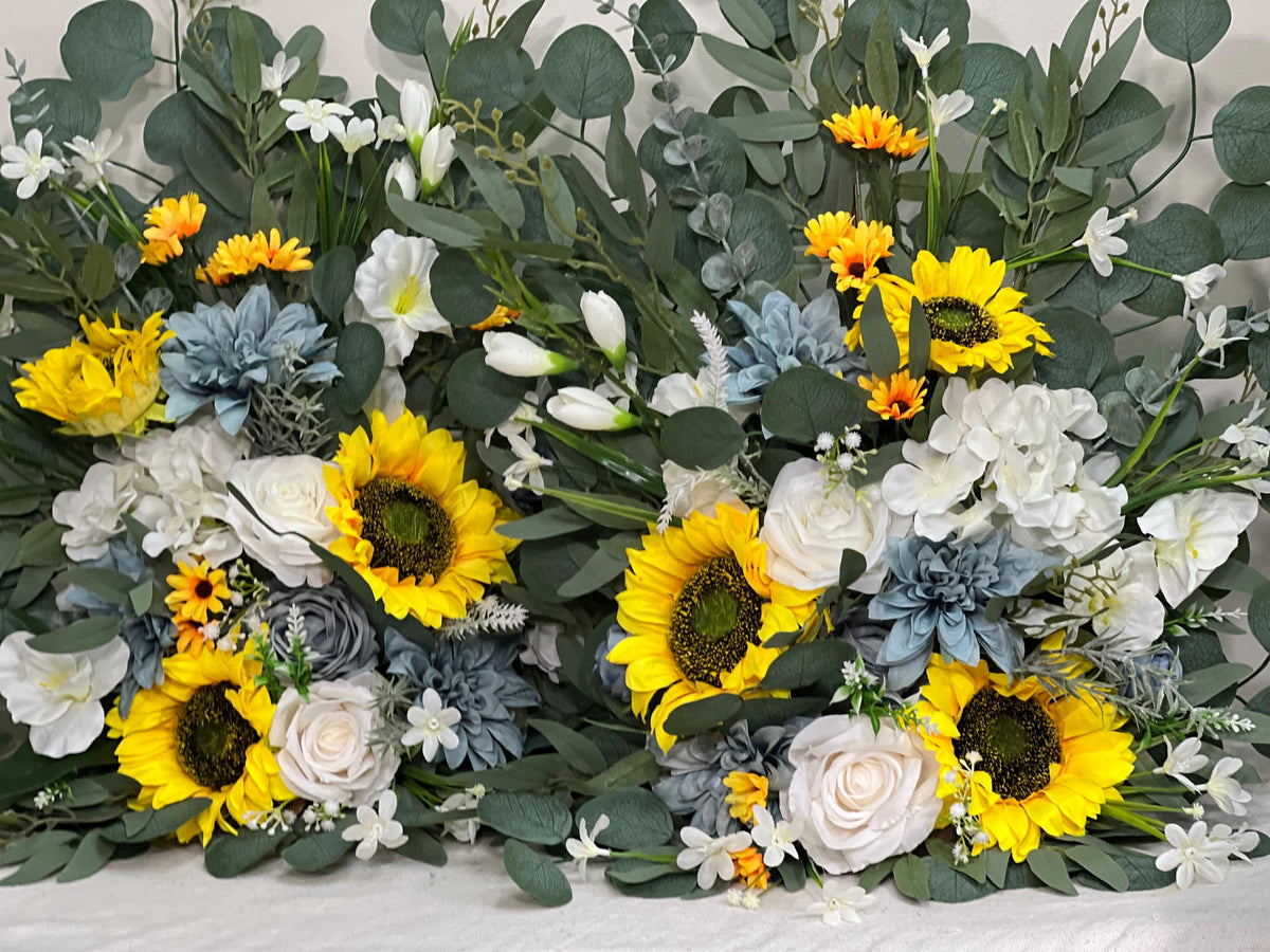 Set of 2 Sunflower Aisle Marker Wedding White Dusty Blue Ground Arch Floor Decor Rustic Ivory Yellow Sunflower Fall Barrel Whiskey Flower