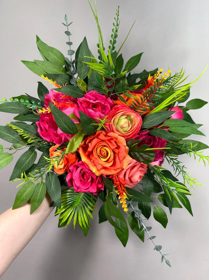 Orange Pink Cascading Bouquet Wedding Bridal Hot Pink Cascade Tropical Bridesmaids Bouquet Fuchsia Burnt Orange Ranunculus Magenta
