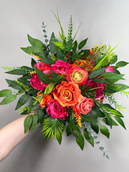 Tropical Bouquet Wedding Hot Pink Orange Bridal Vibrant Bouquet Summer Bridesmaids Ranunculus Fuchsia Magenta Burnt Orange Coral Artificial