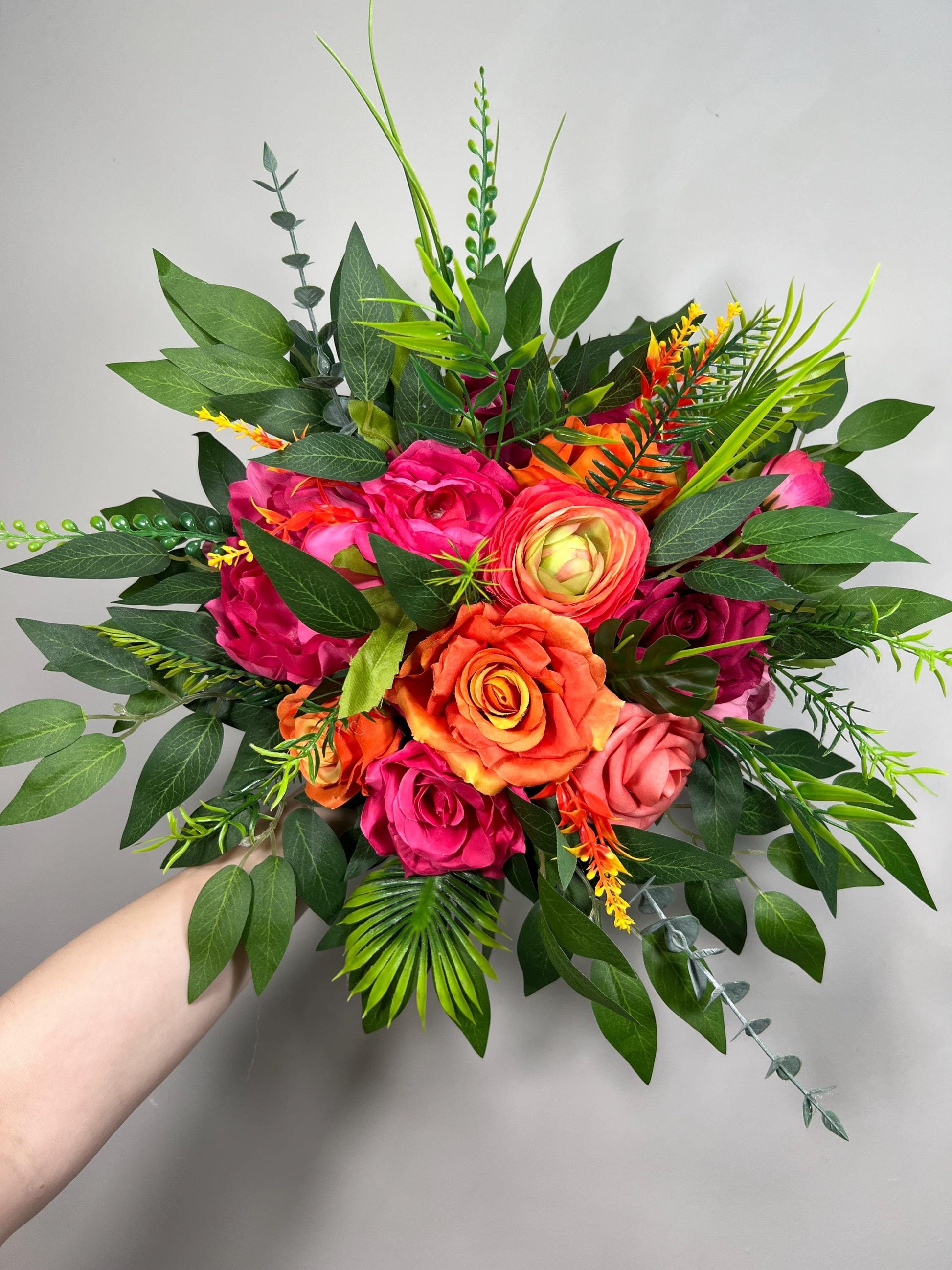 Tropical Bouquet Wedding Hot Pink Orange Bridal Vibrant Bouquet Summer Bridesmaids Ranunculus Fuchsia Magenta Burnt Orange Coral Artificial