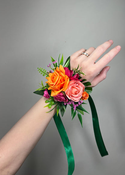 Hot Pink Orange Corsage Wedding Fuchsia Burnt Orange Tropical Beach Wrist Corsage Prom Bridesmaids Mother Coral Bright Wristlet Eucalyptus