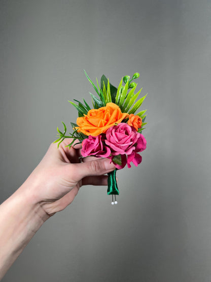 Hot Pink Orange Boutonniere Wedding Groom Tropical Boutonnière Fuchsia Coral Orange Bright Groomsmen Prom Magenta Artificial Flower