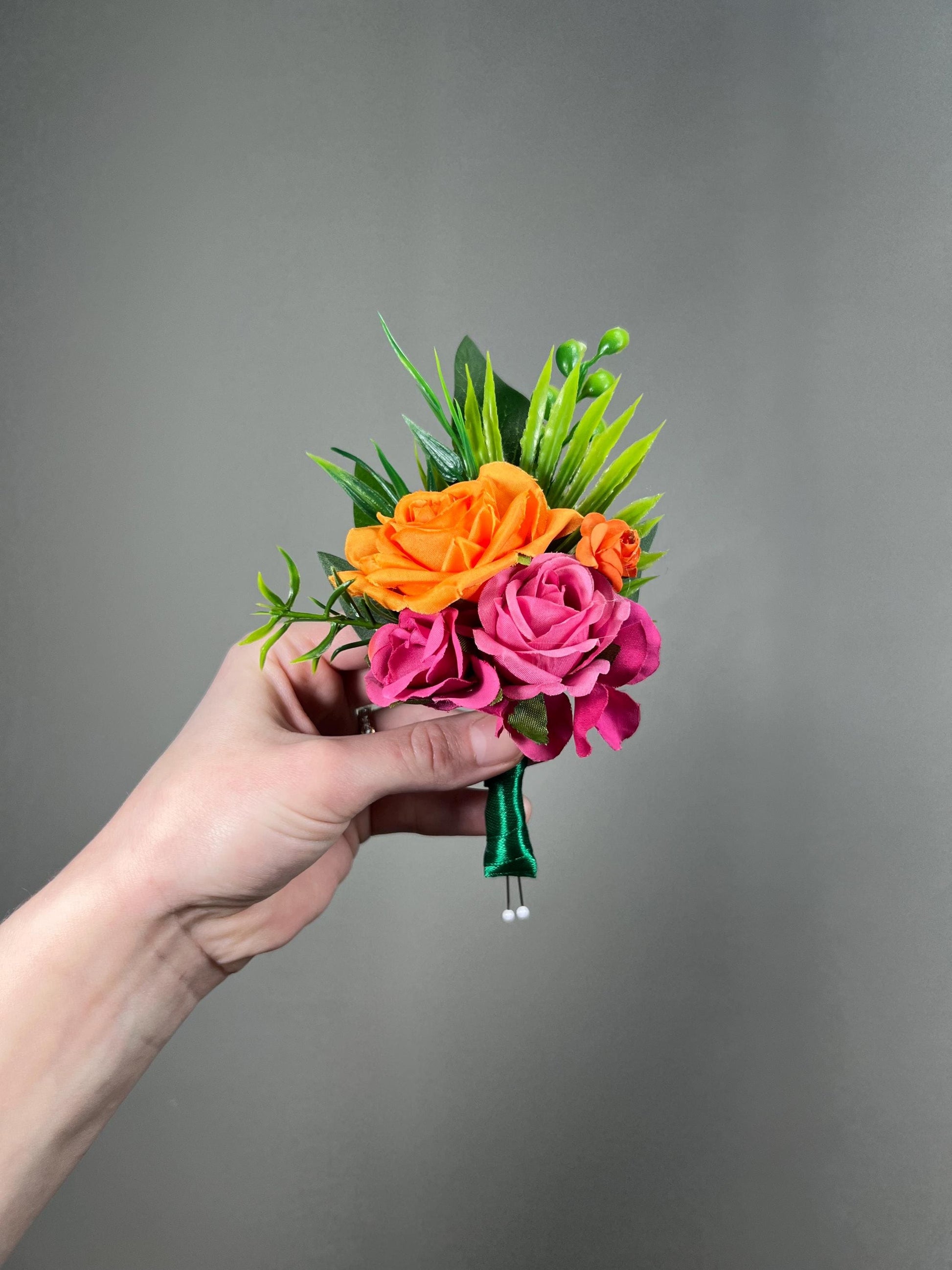 Hot Pink Orange Corsage Wedding Fuchsia Burnt Orange Tropical Beach Wrist Corsage Prom Bridesmaids Mother Coral Bright Wristlet Eucalyptus