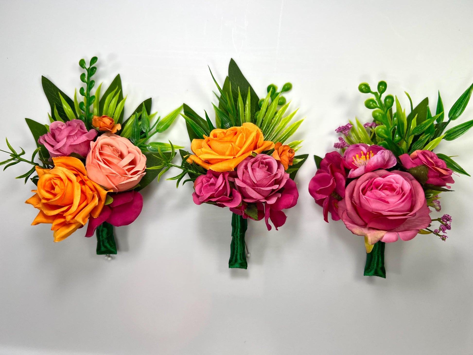 Hot Pink Orange Corsage Wedding Fuchsia Burnt Orange Tropical Beach Wrist Corsage Prom Bridesmaids Mother Coral Bright Wristlet Eucalyptus