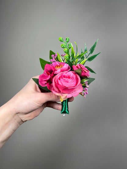 Hot Pink Orange Corsage Wedding Fuchsia Burnt Orange Tropical Beach Wrist Corsage Prom Bridesmaids Mother Coral Bright Wristlet Eucalyptus