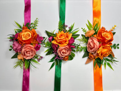 Hot Pink Orange Corsage Wedding Fuchsia Burnt Orange Tropical Beach Wrist Corsage Prom Bridesmaids Mother Coral Bright Wristlet Eucalyptus