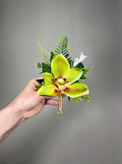 Orchid Boutonnière Green Wedding Tropical Beach Groom Boutonniere Pin On Groomsmen Cymbidium Prom Orchid Greenery Fern Mostera Artificial