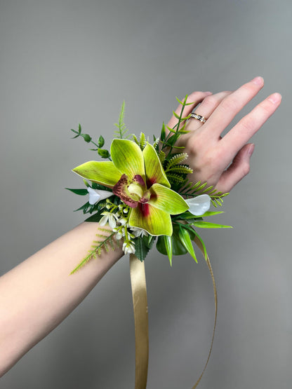 Orchid Boutonnière Green Wedding Tropical Beach Groom Boutonniere Pin On Groomsmen Cymbidium Prom Orchid Greenery Fern Mostera Artificial