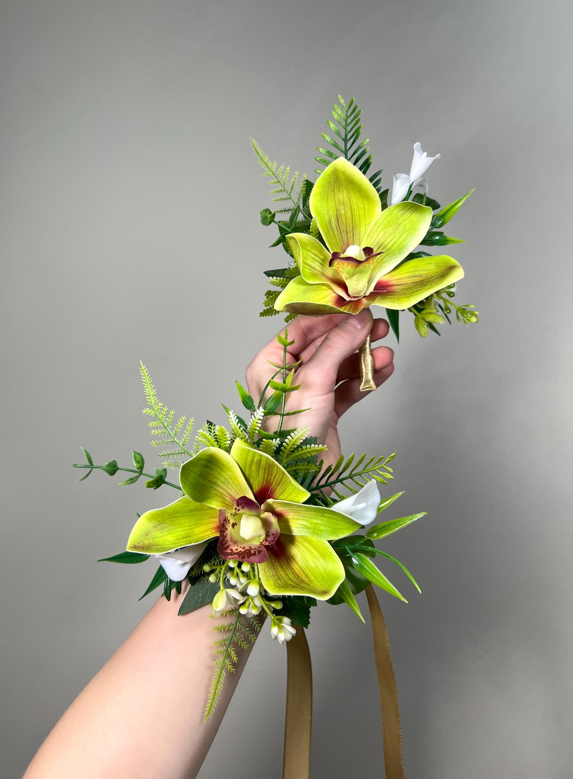 Orchid Boutonnière Green Wedding Tropical Beach Groom Boutonniere Pin On Groomsmen Cymbidium Prom Orchid Greenery Fern Mostera Artificial