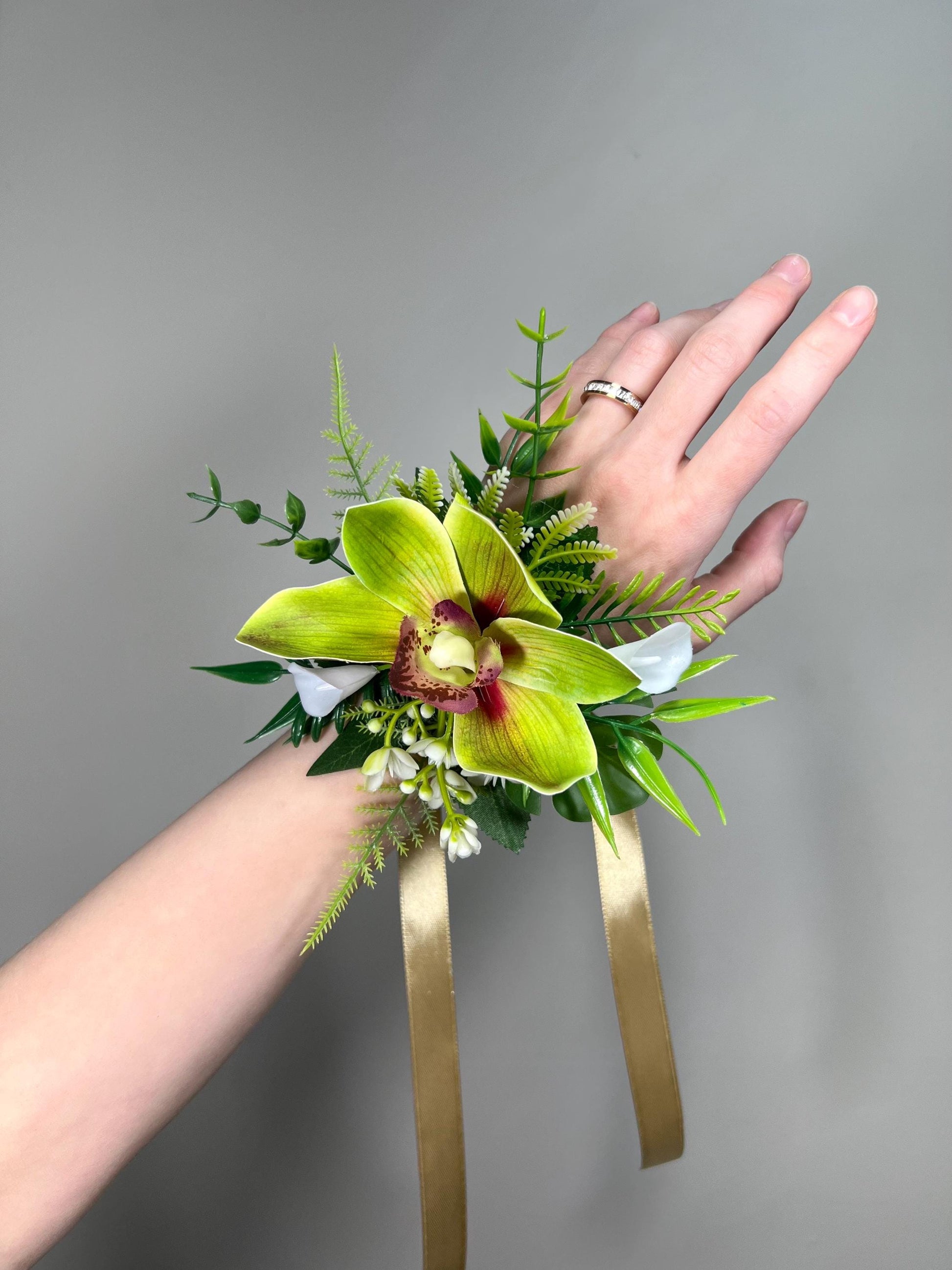 Orchid Corsage Green Wedding Tropical Beach Groom Wrist Corsage Prom Cymbidium Mother Orchid Greenery Fern Mostera Bridesmaids Artificial