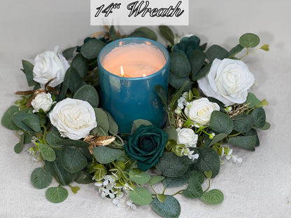 Wreath Centerpiece Wedding White Emerald Green Eucalyptus Candle Garland Wreath Lantern Ring Greenery Sage Green Ivory Gold Artificial