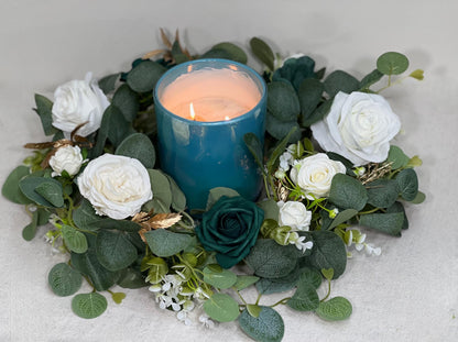 Wreath Centerpiece Wedding White Emerald Green Eucalyptus Candle Garland Wreath Lantern Ring Greenery Sage Green Ivory Gold Artificial