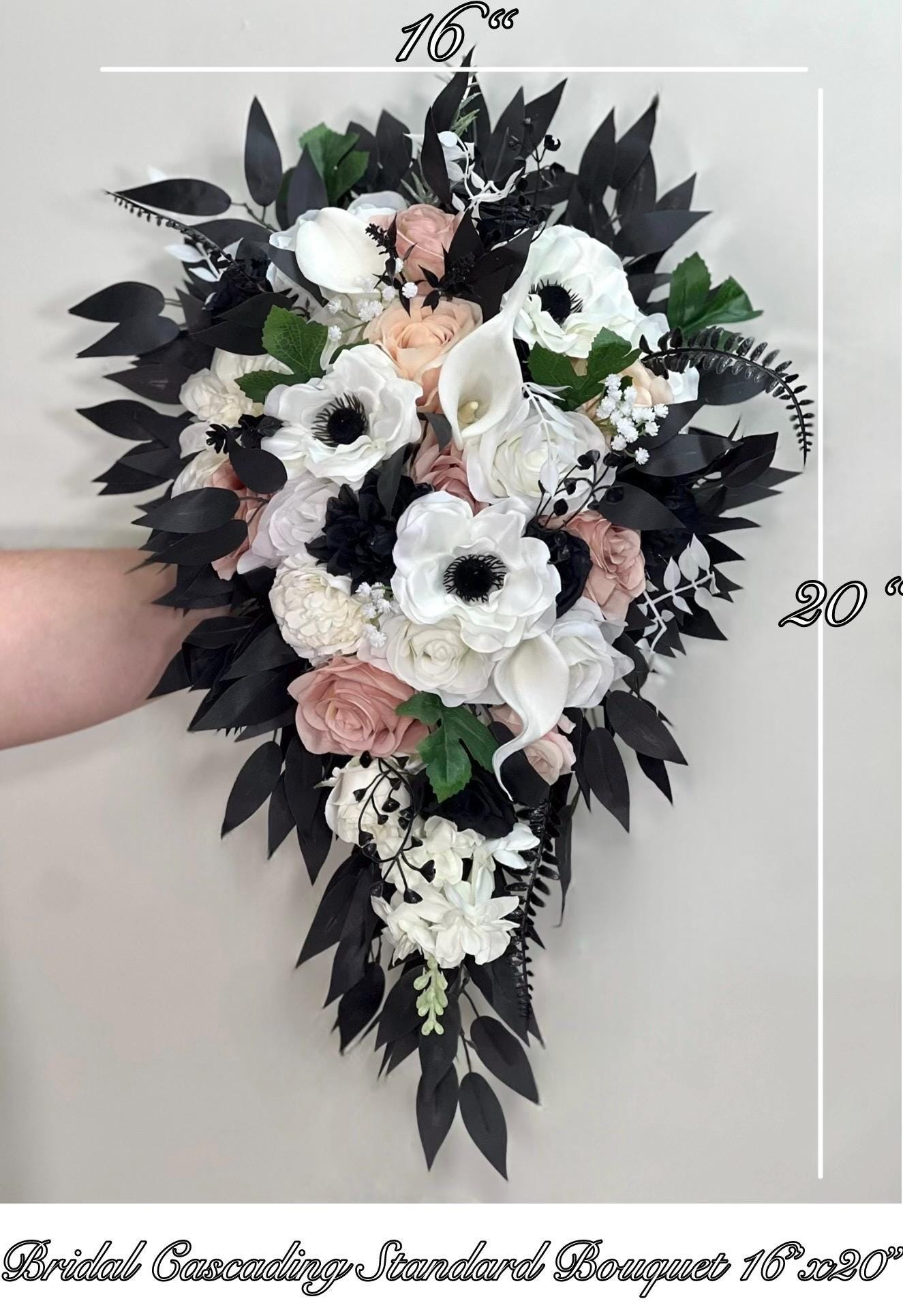 Black Bouquet Cascade White Bridal Gothic Cascading Bouquet Black Dusty Rose Bridesmaids Black Bouquet Ivory Anemone Artificial Flower