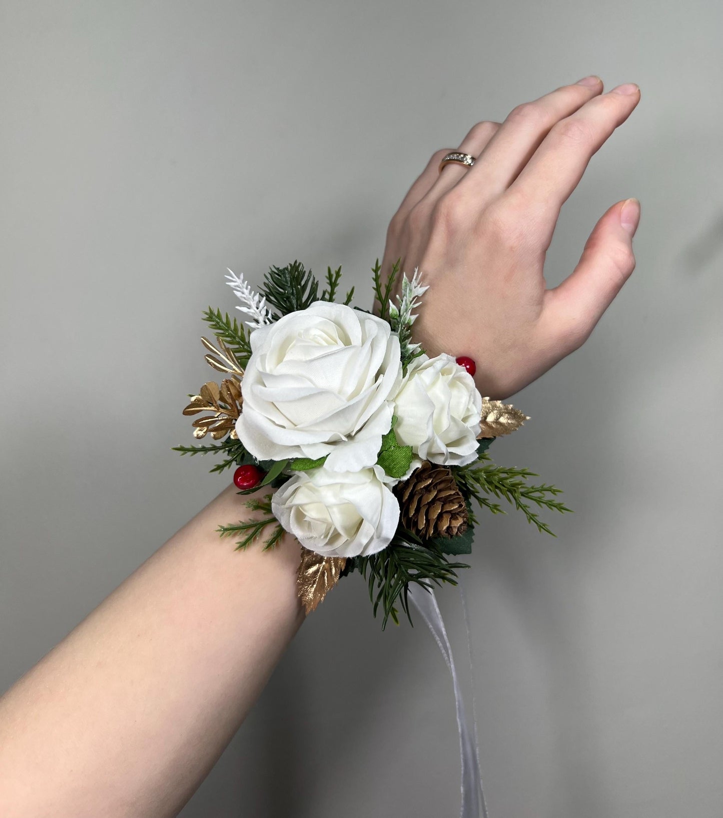 Christmas White Corsage Wedding Wrist Corsage Winter Mother Bridesmaids Wristlet Ivory Rose Holiday Cone Pine Tree Gold Artificial Flower