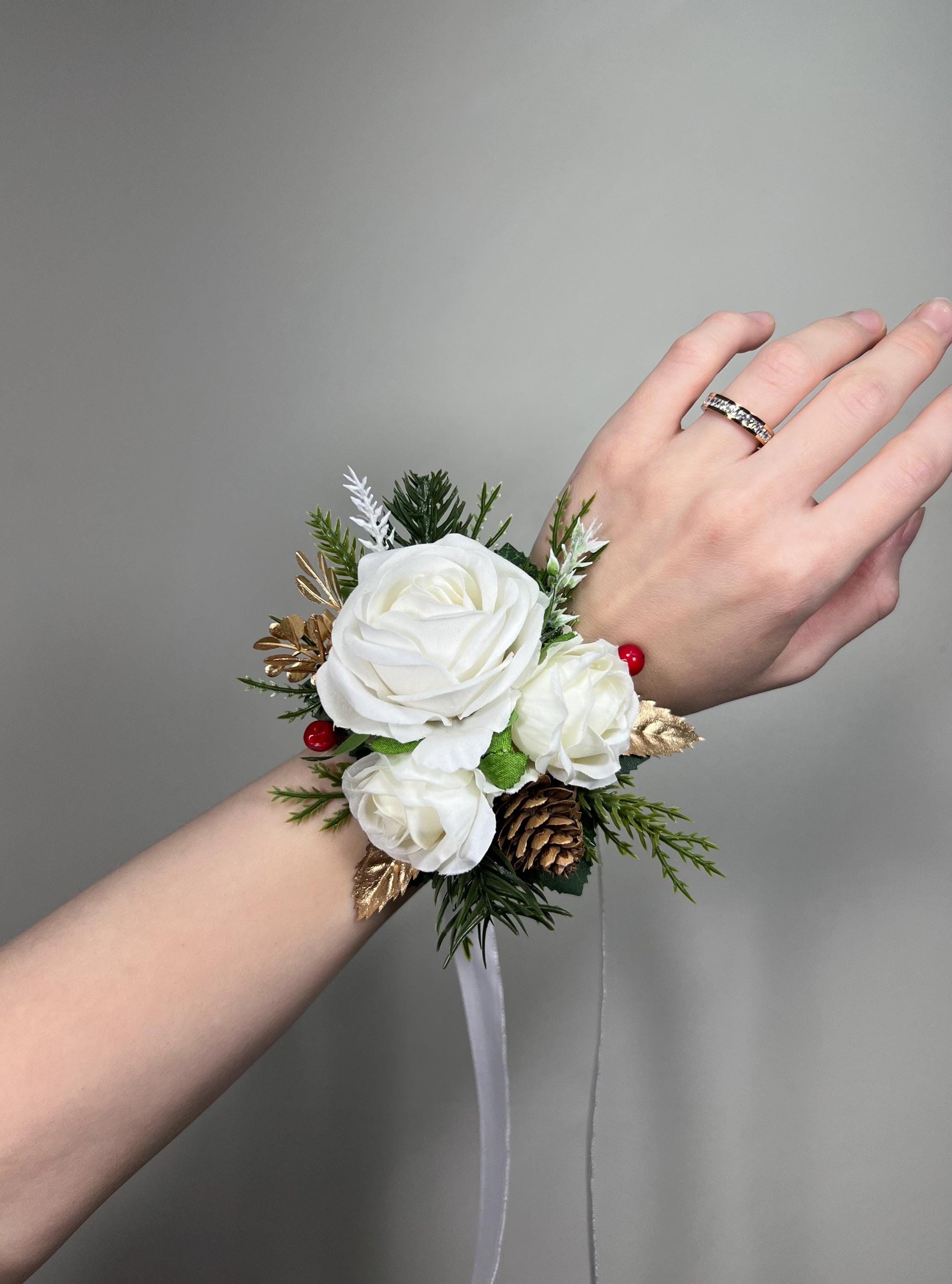 Christmas White Corsage Wedding Wrist Corsage Winter Mother Bridesmaids Wristlet Ivory Rose Holiday Cone Pine Tree Gold Artificial Flower