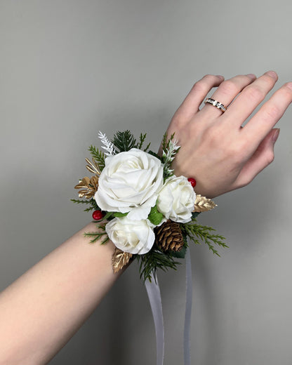 Christmas White Corsage Wedding Wrist Corsage Winter Mother Bridesmaids Wristlet Ivory Rose Holiday Cone Pine Tree Gold Artificial Flower