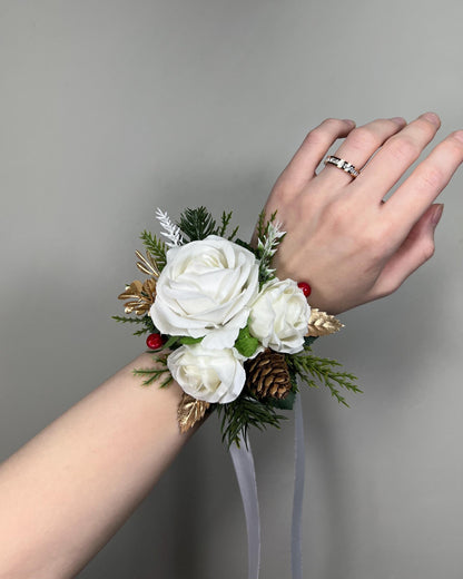Christmas White Corsage Wedding Wrist Corsage Winter Mother Bridesmaids Wristlet Ivory Rose Holiday Cone Pine Tree Gold Artificial Flower