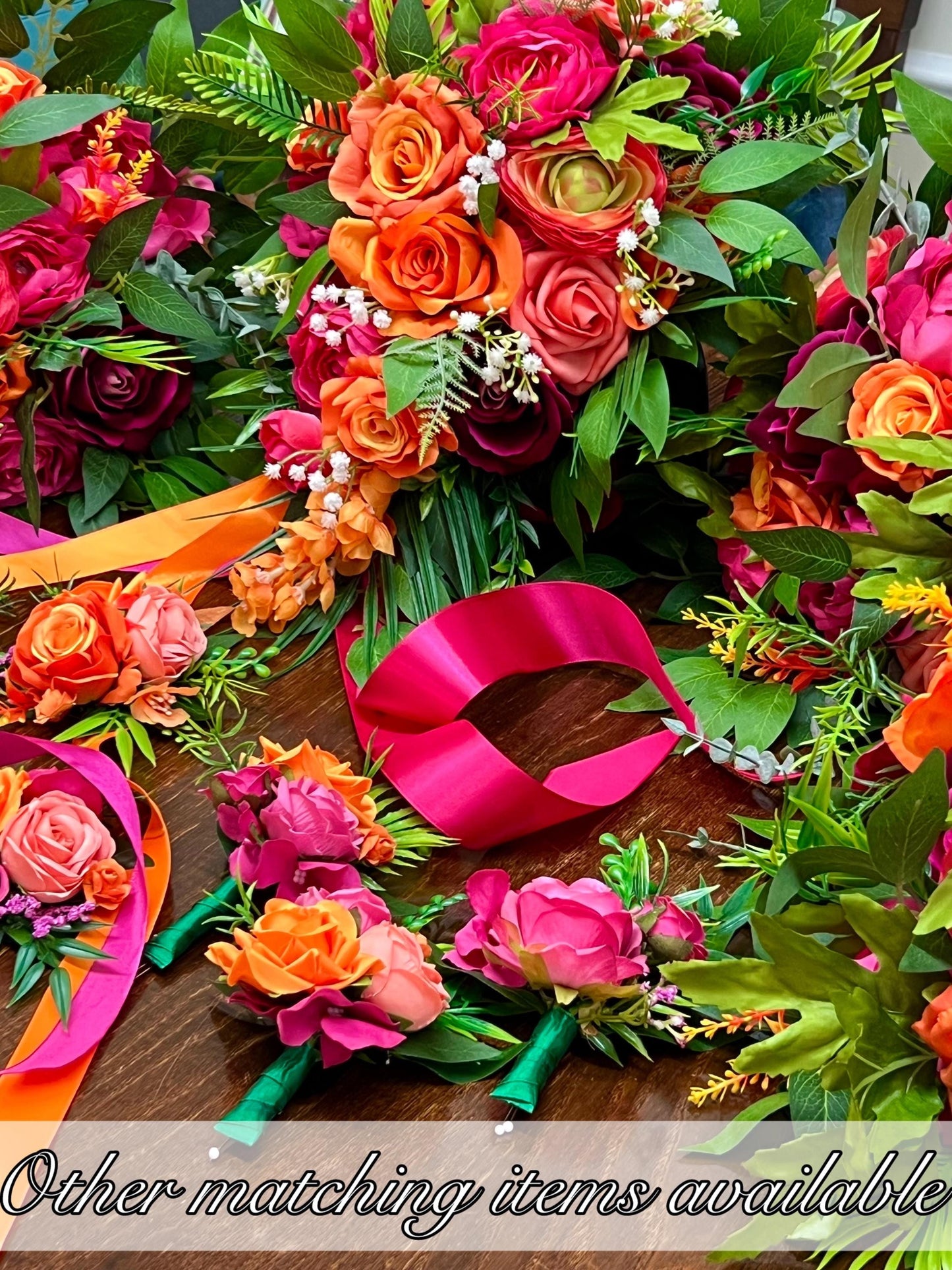 Hot Pink Orange Corsage Wedding Fuchsia Burnt Orange Tropical Beach Wrist Corsage Prom Bridesmaids Mother Coral Bright Wristlet Eucalyptus