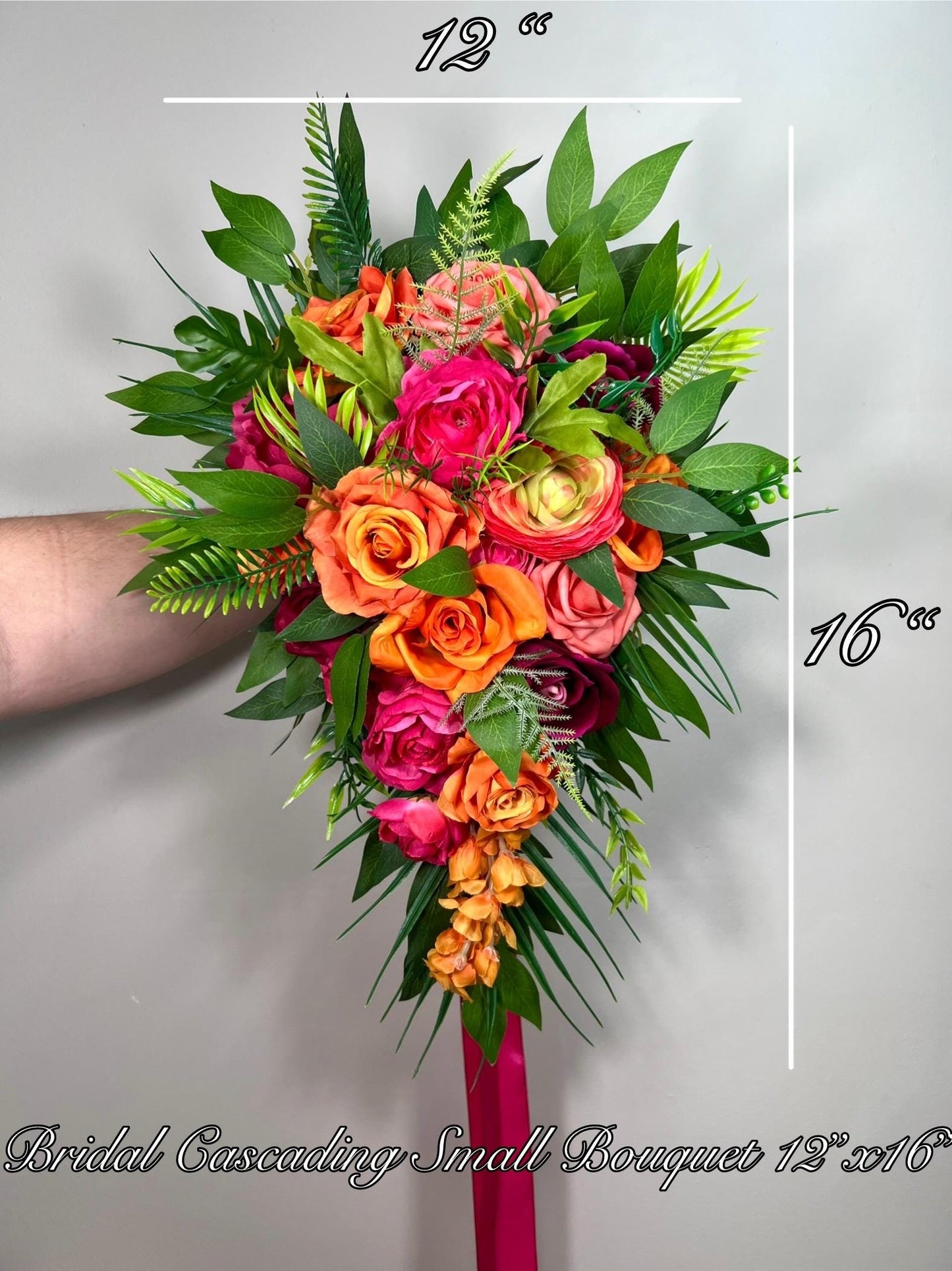 Orange Pink Cascading Bouquet Wedding Bridal Hot Pink Cascade Tropical Bridesmaids Bouquet Fuchsia Burnt Orange Ranunculus Magenta