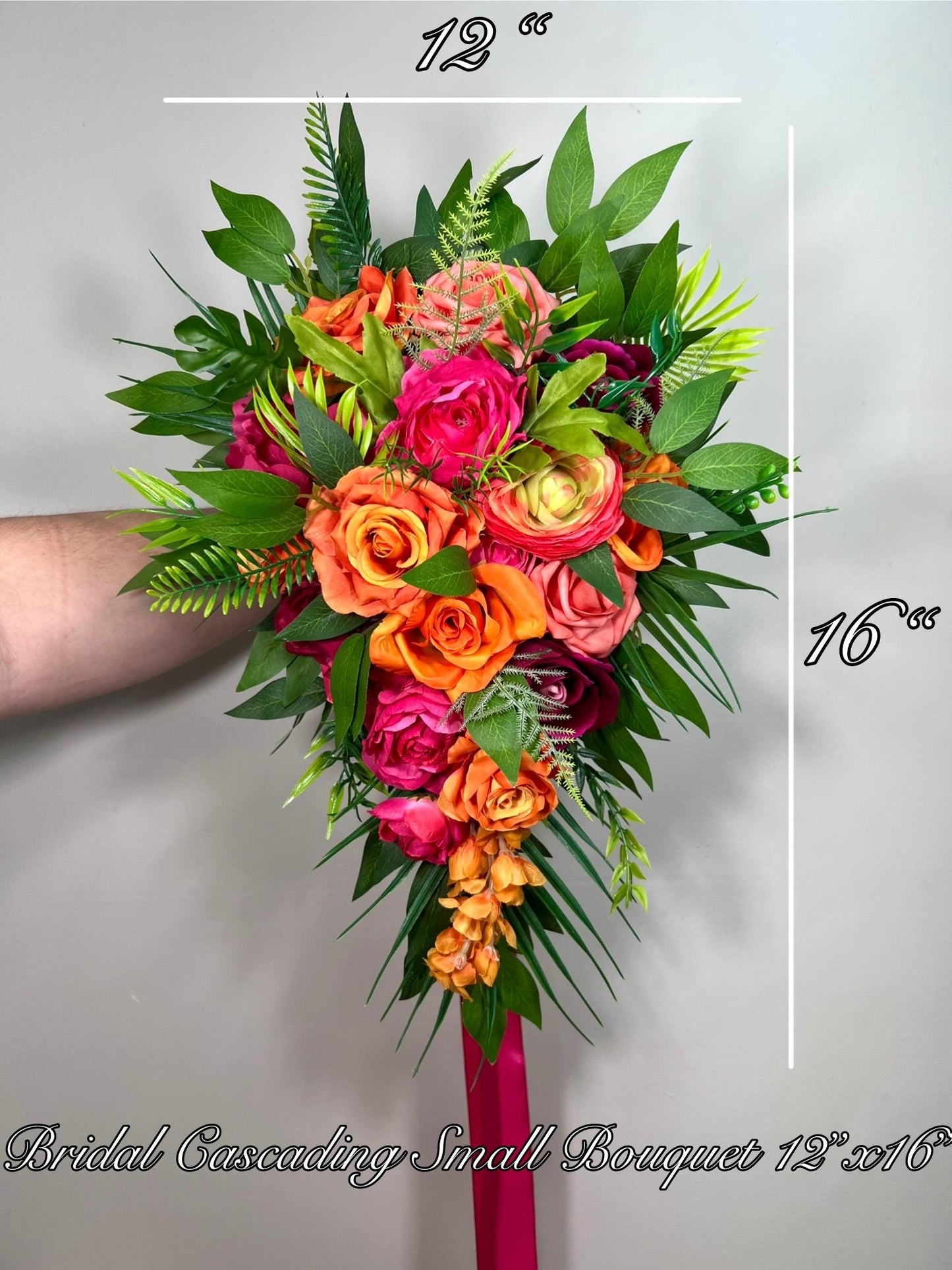 Orange Pink Cascading Bouquet Wedding Bridal Hot Pink Cascade Tropical Bridesmaids Bouquet Fuchsia Burnt Orange Ranunculus Magenta