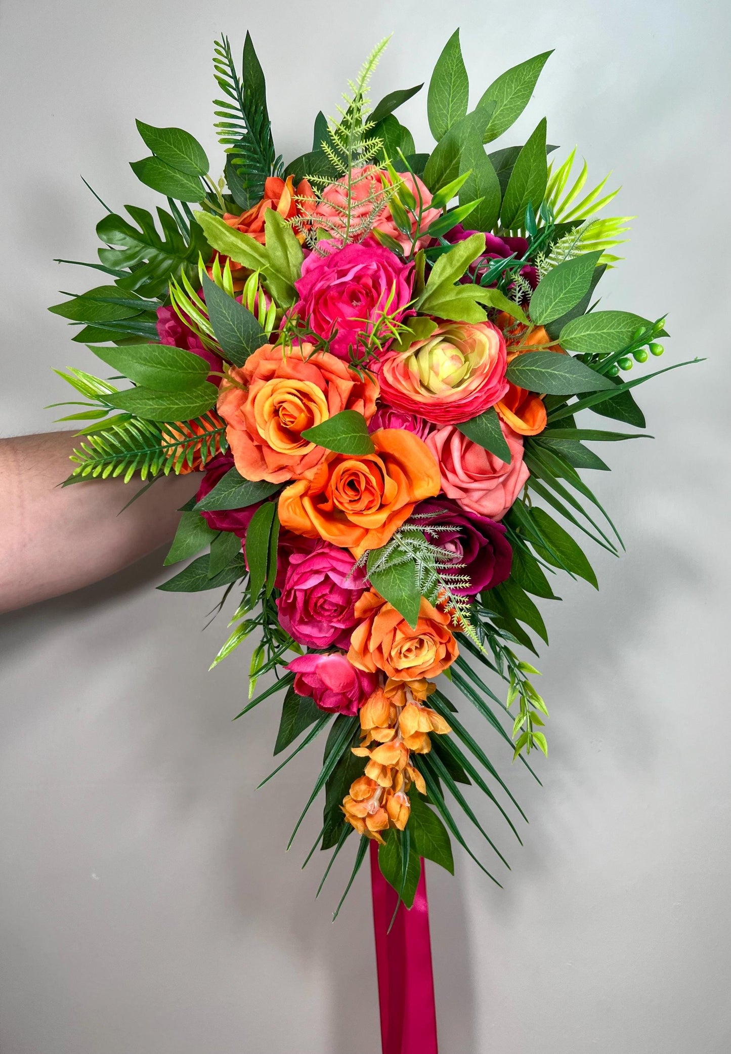 Tropical Bouquet Wedding Hot Pink Orange Bridal Vibrant Bouquet Summer Bridesmaids Ranunculus Fuchsia Magenta Burnt Orange Coral Artificial