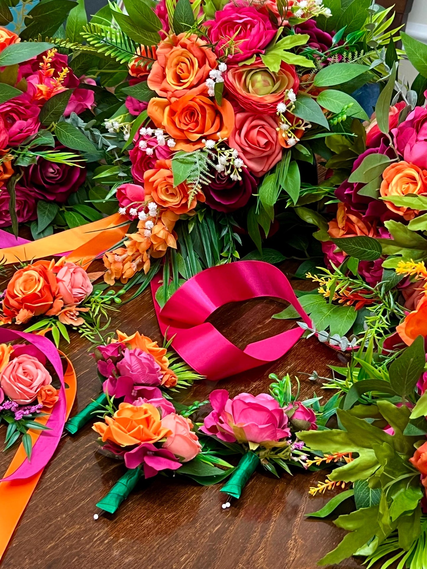 Tropical Bouquet Wedding Hot Pink Orange Bridal Vibrant Bouquet Summer Bridesmaids Ranunculus Fuchsia Magenta Burnt Orange Coral Artificial